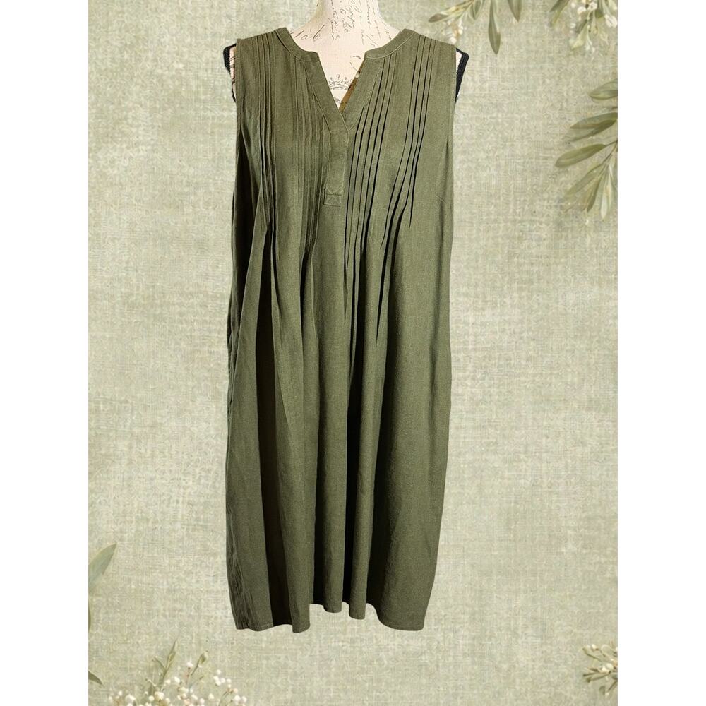 Sonoma Linen Blend Olive Sleeveless Dress L Pintuck Pockets Casual Artsy Midi - Picture 2 of 9